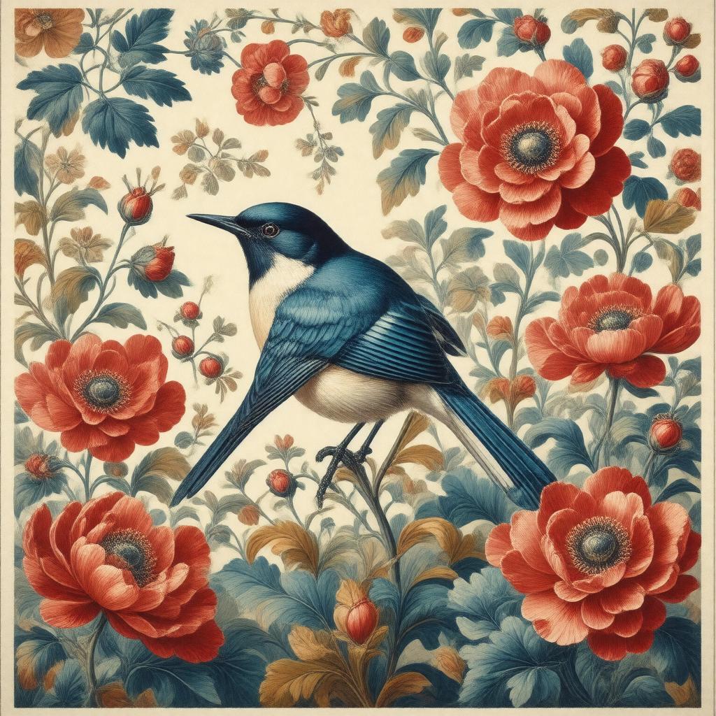 AI-created image of Bird and Anemone textile