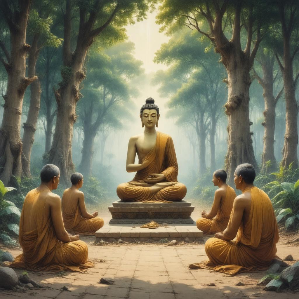 Click to view larger image AI-created image of Buddha's first sermon at Sarnath