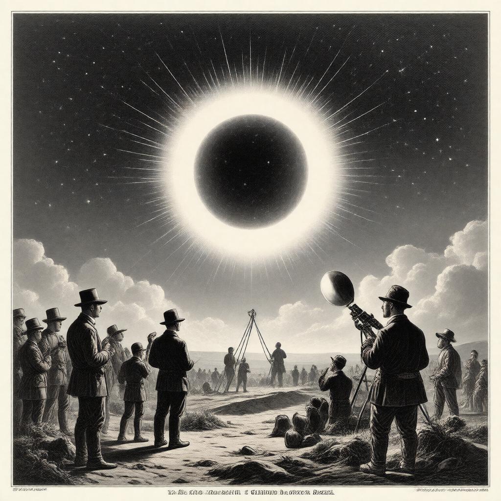 Click to view larger image AI-created image of Eddington's experiment (1919 solar eclipse)