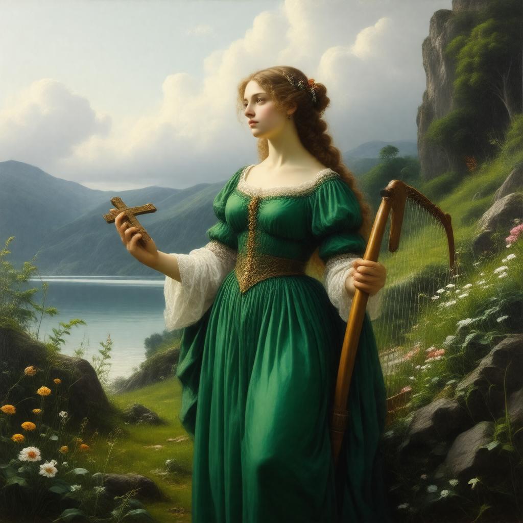 Click to view larger image AI-created image of Erin (female figure with harp and cross)