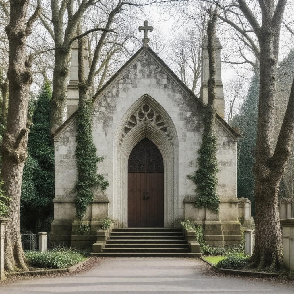 Click to view larger image AI-created image of Highgate Cemetery Chapel