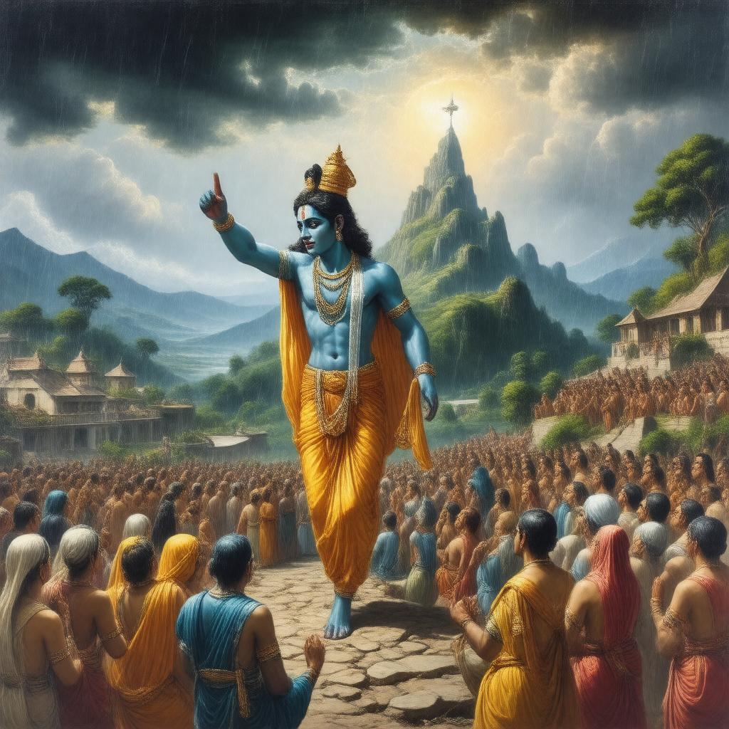 Click to view larger image AI-created image of Lifting Govardhan Hill