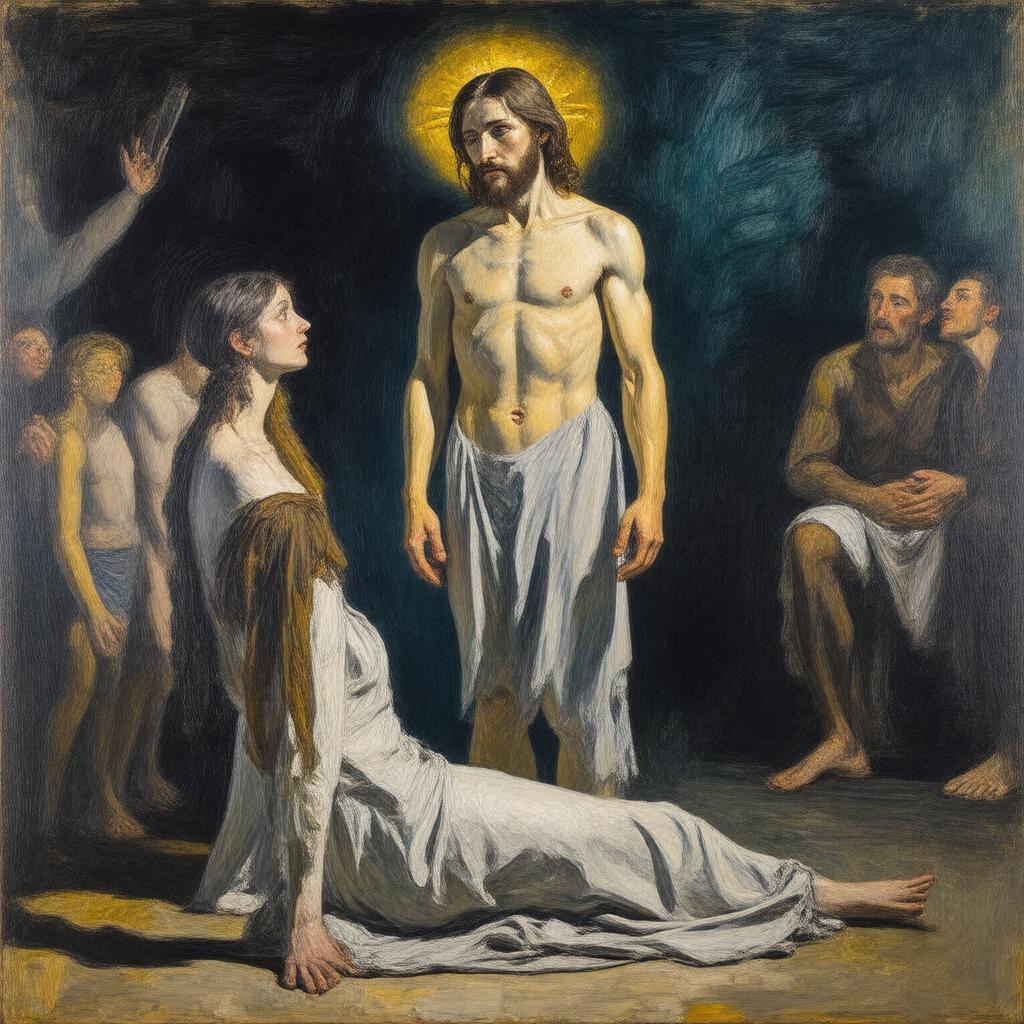 Click to view larger image AI-created image of Max Beckmann's Christ and the Woman Taken in Adultery