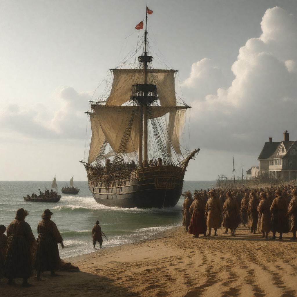 Click to view larger image AI-created image of Mayflower landing