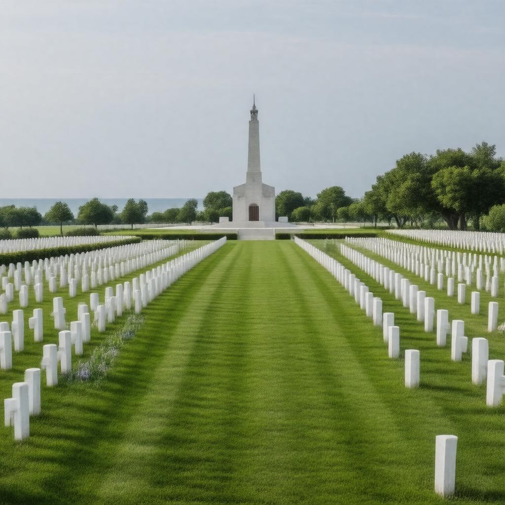 Click to view larger image AI-created image of Normandy American Cemetery and Memorial