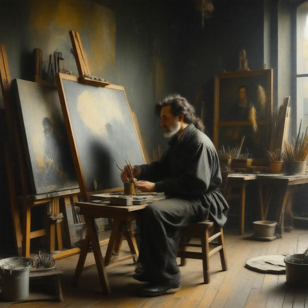 Click to view larger image AI-created image of Rembrandt's Artist in his Studio