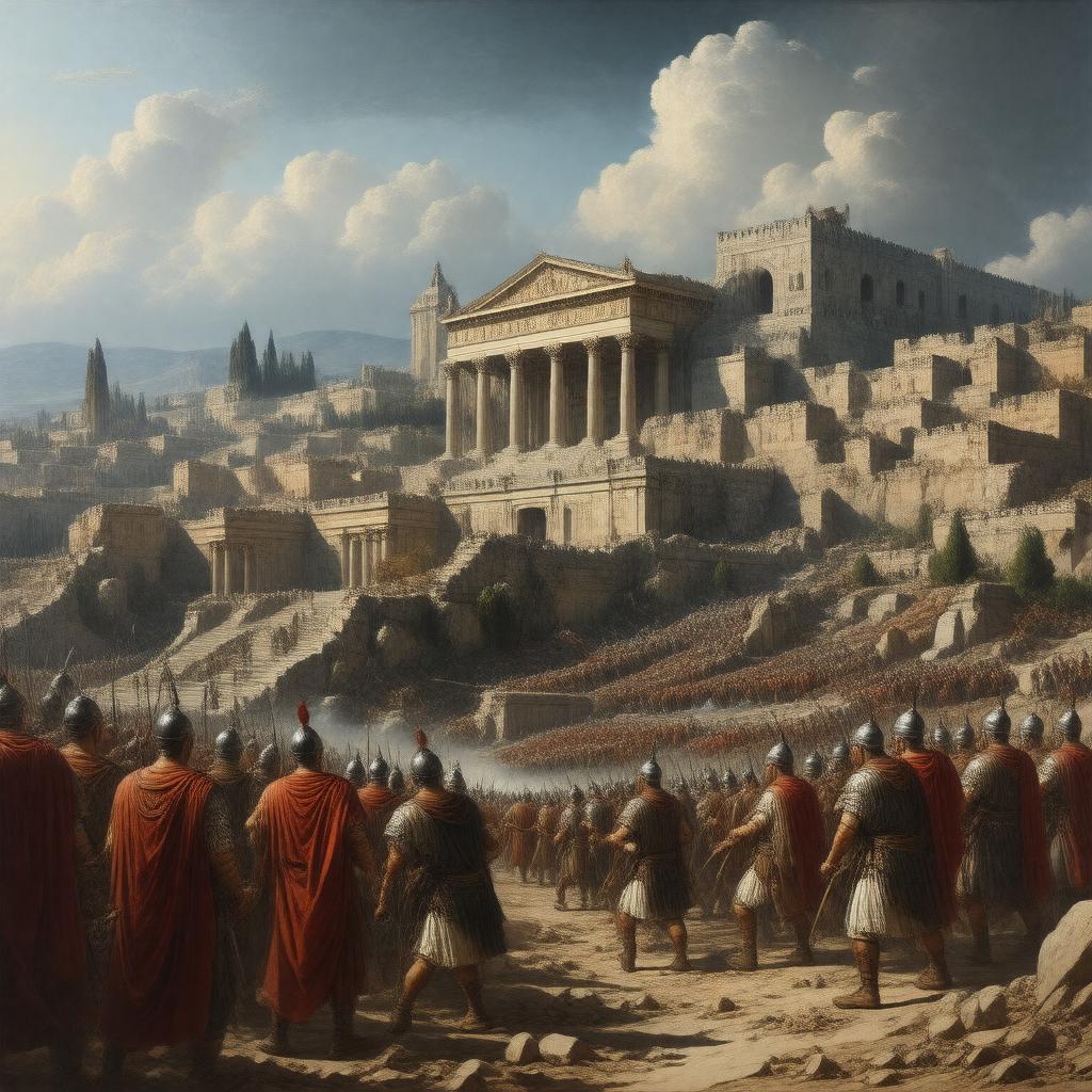 Click to view larger image AI-created image of Roman destruction of Jerusalem