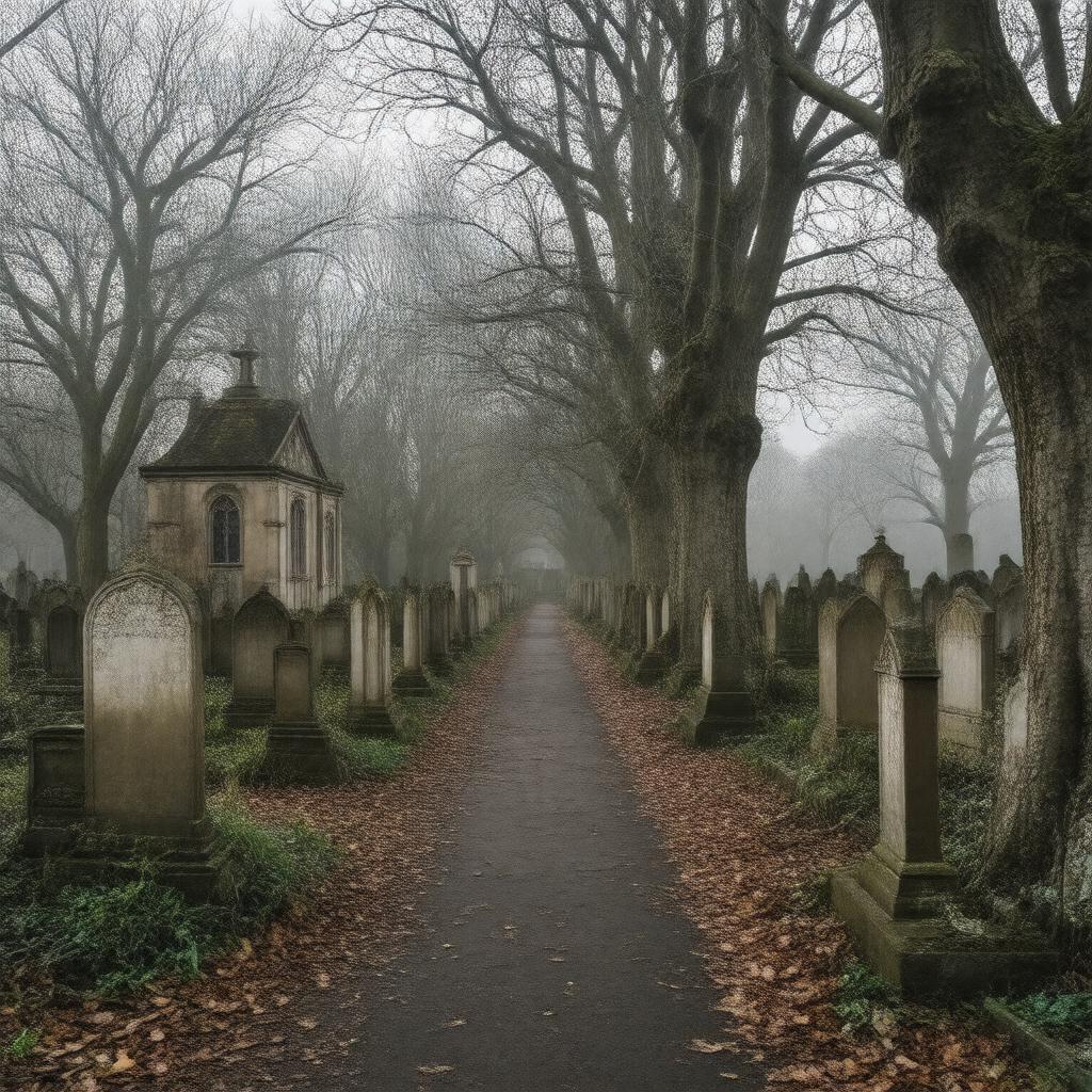 Click to view larger image AI-created image of St. Mary's Catholic Cemetery, Kensal Green, London