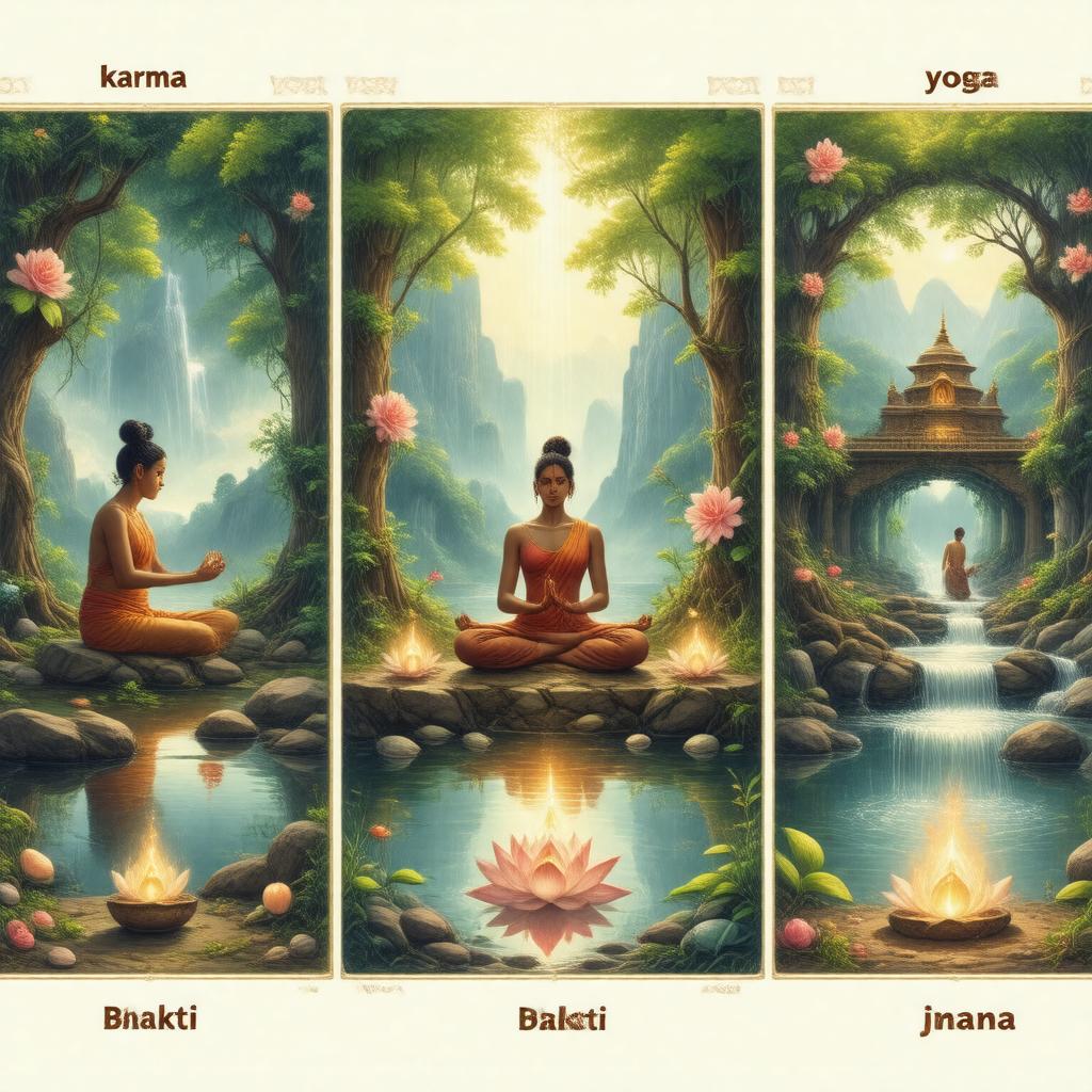 AI-created image of karma, bhakti, and jnana yoga